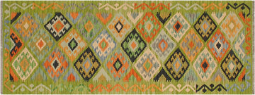 Flat Weave Kilim, Antique, Navaho, Vintage, Handmade, Geometric Kilim Green Rust Hand-Woven Runner 100% Wool Area Rug 3 x 8